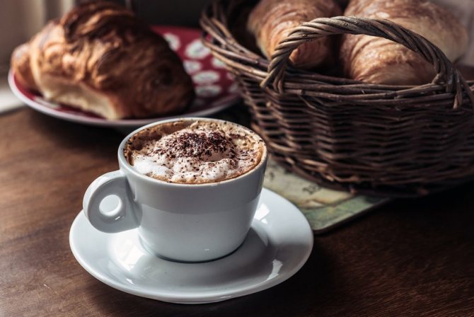 cup of cappuccino near the basket