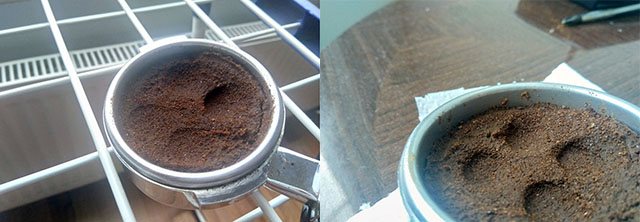 Coffee distribution defect when preparing espresso on a carob coffee maker