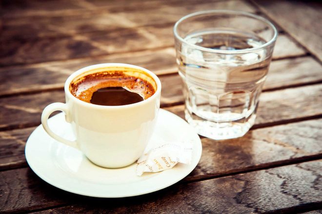 Photo of coffee and water.
