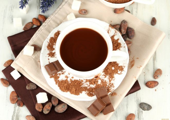 Photo of coffee with cocoa and chocolate.