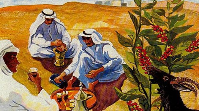 drawing of arabs near a coffee tree