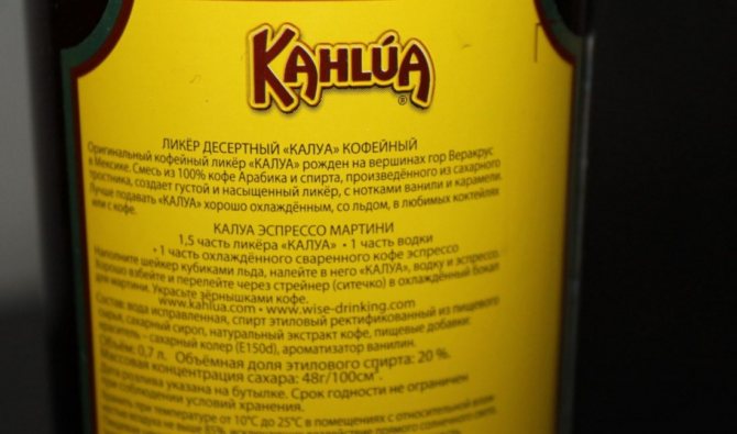 Composition of Kahlua coffee liqueur